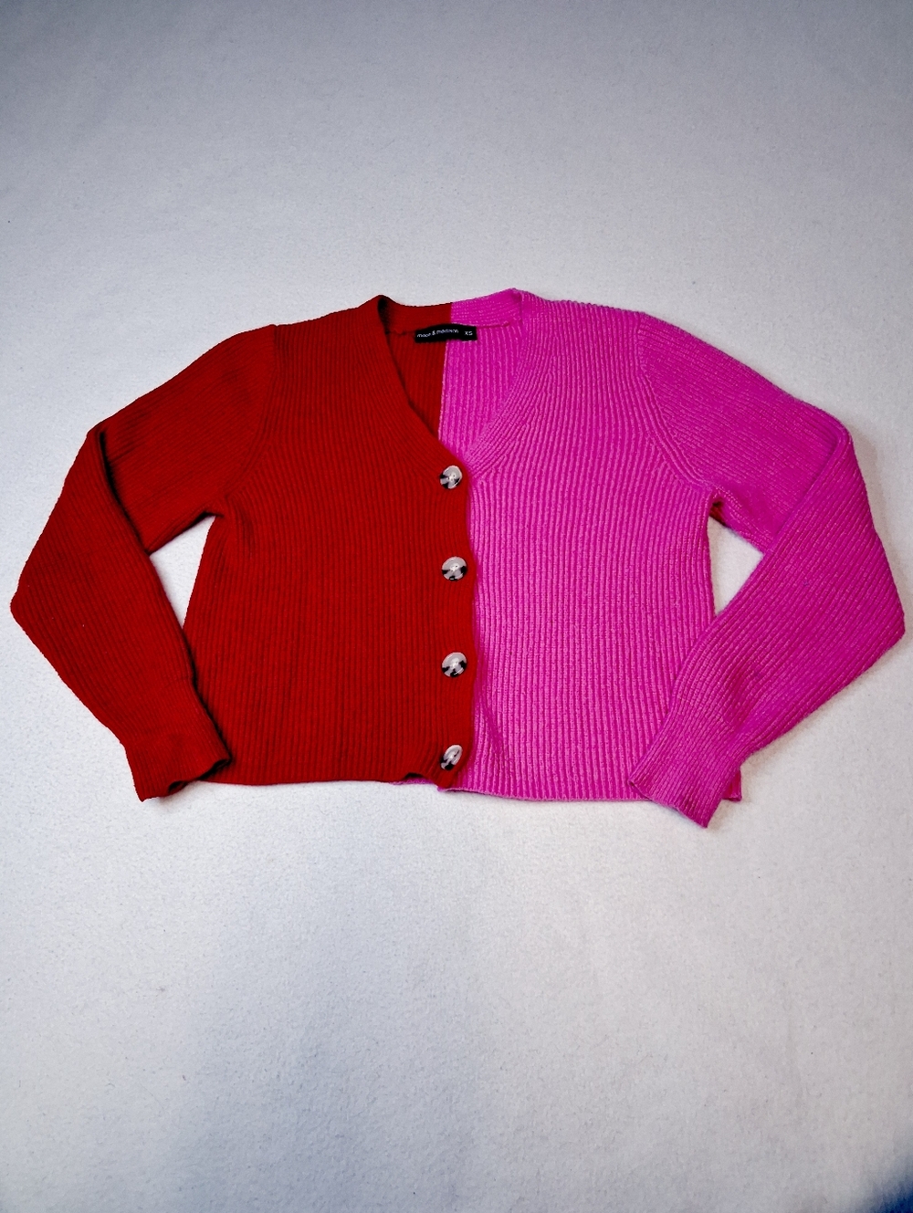 moon & madison Red and Pink Ribbed Colorblock Button Cardigan